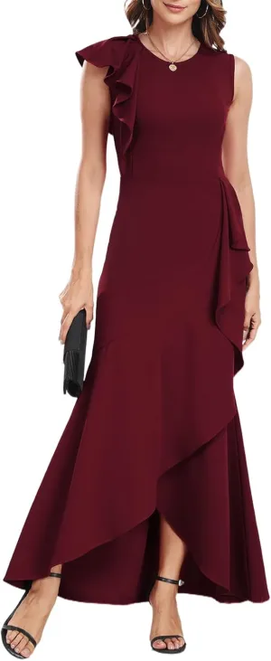 FQA Long Formal Dresses for Women Black Cocktail Evening Gowns Elegant Ruffled Sleeve