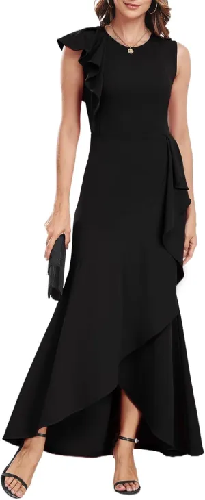 FQA Long Formal Dresses for Women Black Cocktail Evening Gowns Elegant Ruffled Sleeve