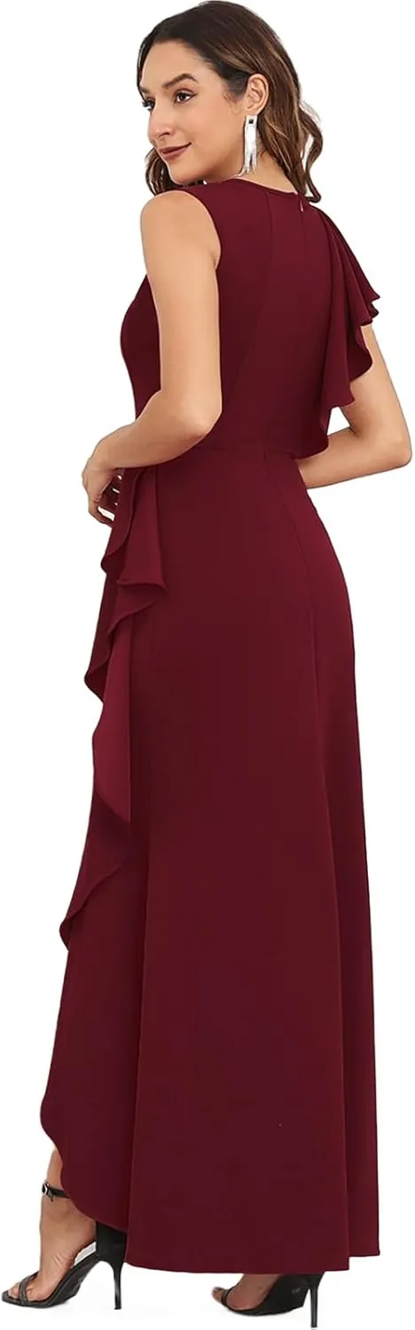 FQA Long Formal Dresses for Women Black Cocktail Evening Gowns Elegant Ruffled Sleeve