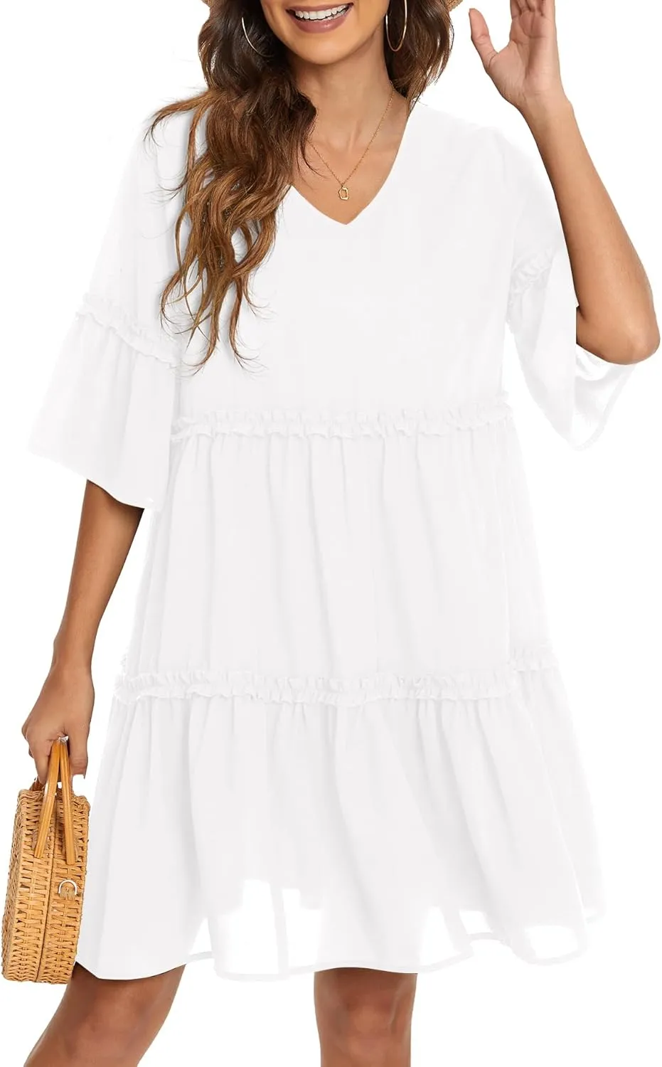 Funlingo Women's Summer Solid Flowy Tunic Mini Dress Short Sleeve V Neck Swing A-line Knee Length Dress