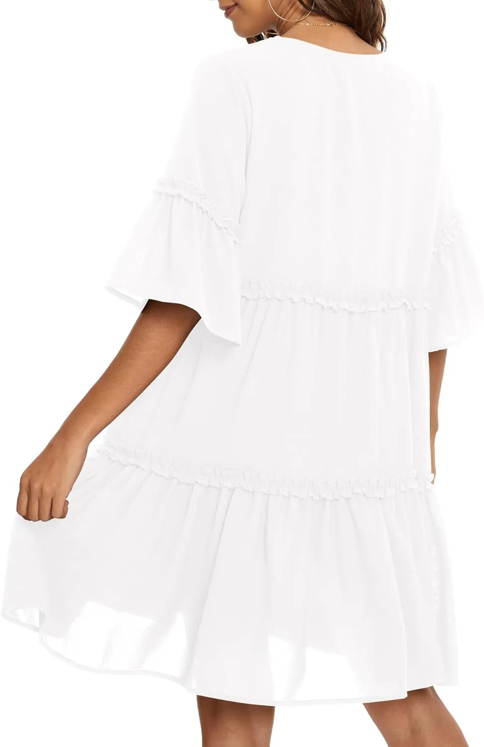 Funlingo Women's Summer Solid Flowy Tunic Mini Dress Short Sleeve V Neck Swing A-line Knee Length Dress