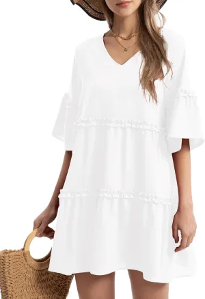 Funlingo Women's Summer Solid Flowy Tunic Mini Dress Short Sleeve V Neck Swing A-line Knee Length Dress