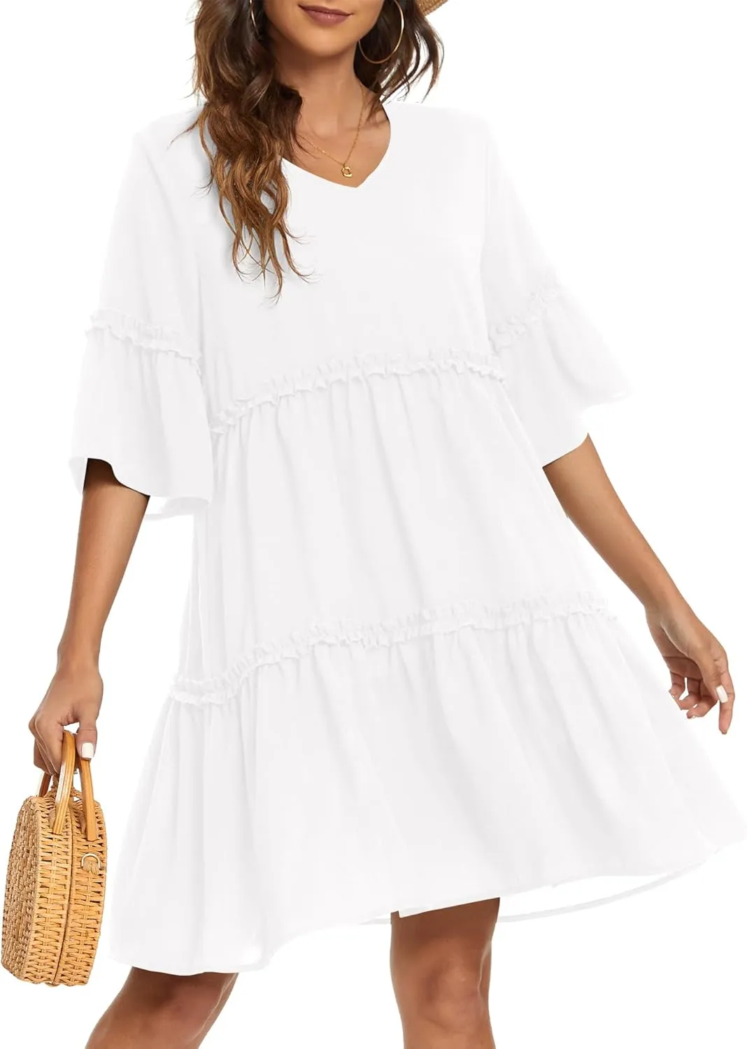 Funlingo Women's Summer Solid Flowy Tunic Mini Dress Short Sleeve V Neck Swing A-line Knee Length Dress