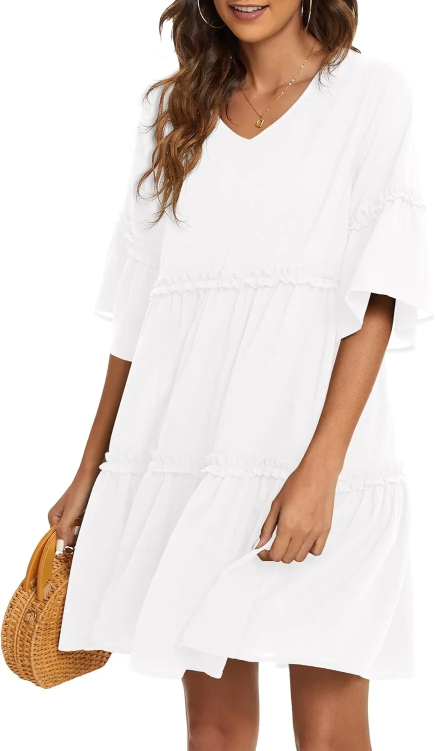 Funlingo Women's Summer Solid Flowy Tunic Mini Dress Short Sleeve V Neck Swing A-line Knee Length Dress