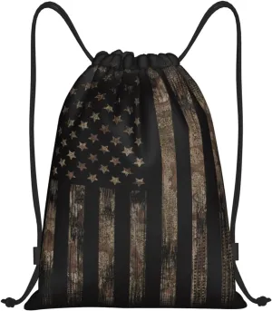 Gianlaima Camo Brown Camouflage American Flag Drawstring Backpack Sport Gym Sack Yoga Dance Travel Bag For Men & Women