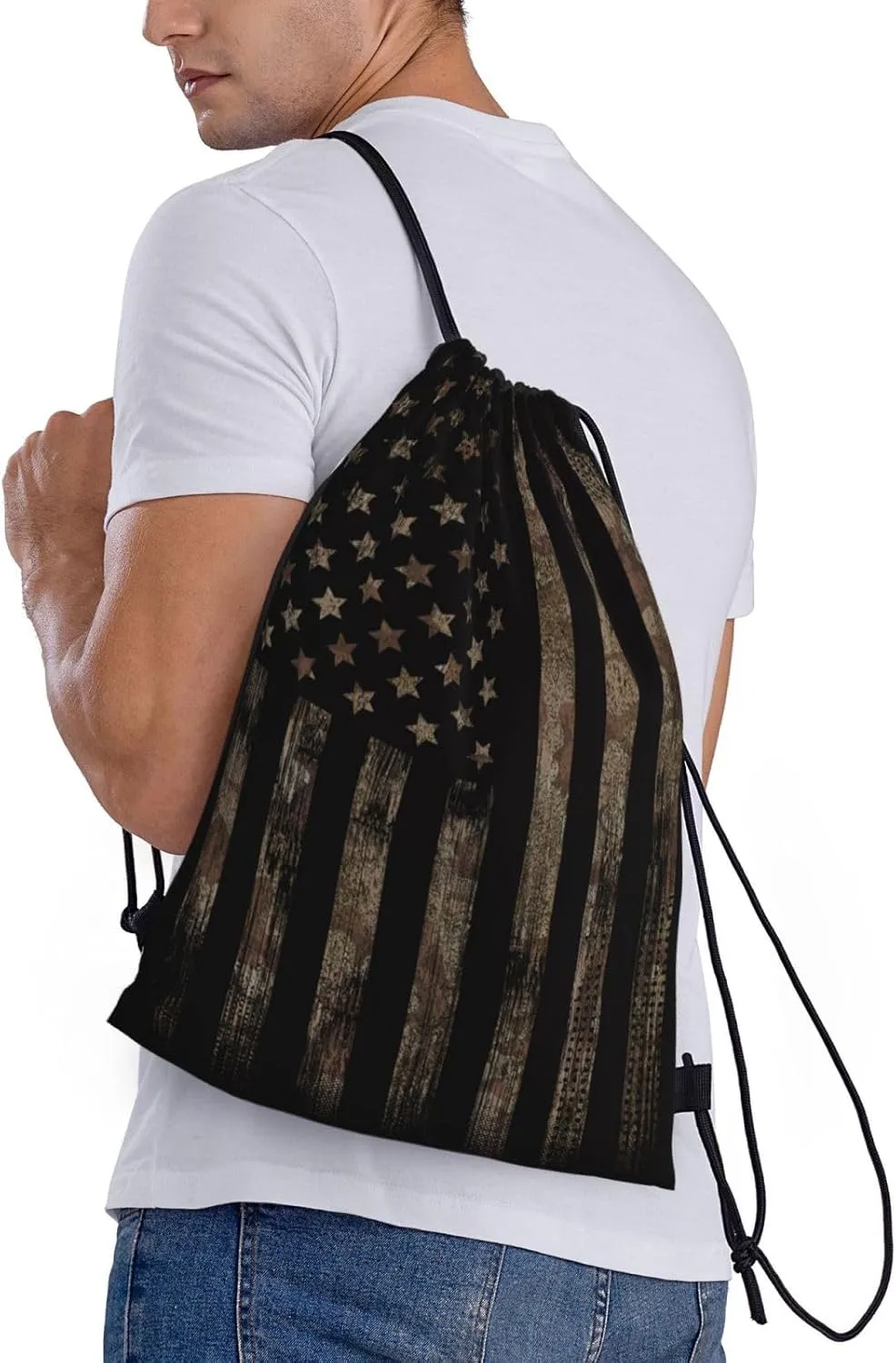 Gianlaima Camo Brown Camouflage American Flag Drawstring Backpack Sport Gym Sack Yoga Dance Travel Bag For Men & Women