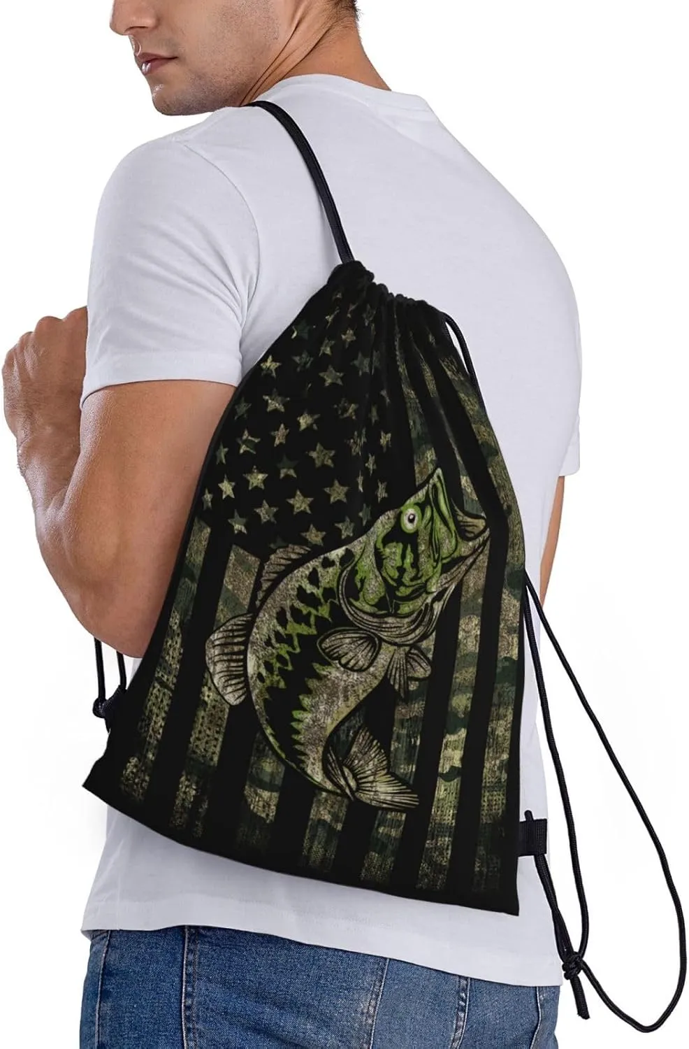 Gianlaima Camo Camouflage Hunting Fish American Flag Drawstring Backpack Sport Ball Gym Sack String Bag for Yoga Dance Travel Men Women