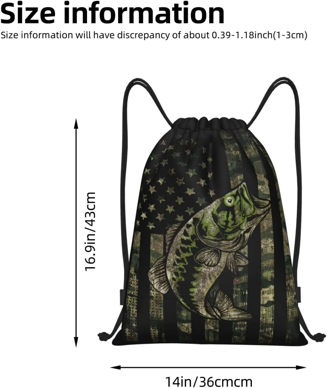 Gianlaima Camo Camouflage Hunting Fish American Flag Drawstring Backpack Sport Ball Gym Sack String Bag for Yoga Dance Travel Men Women