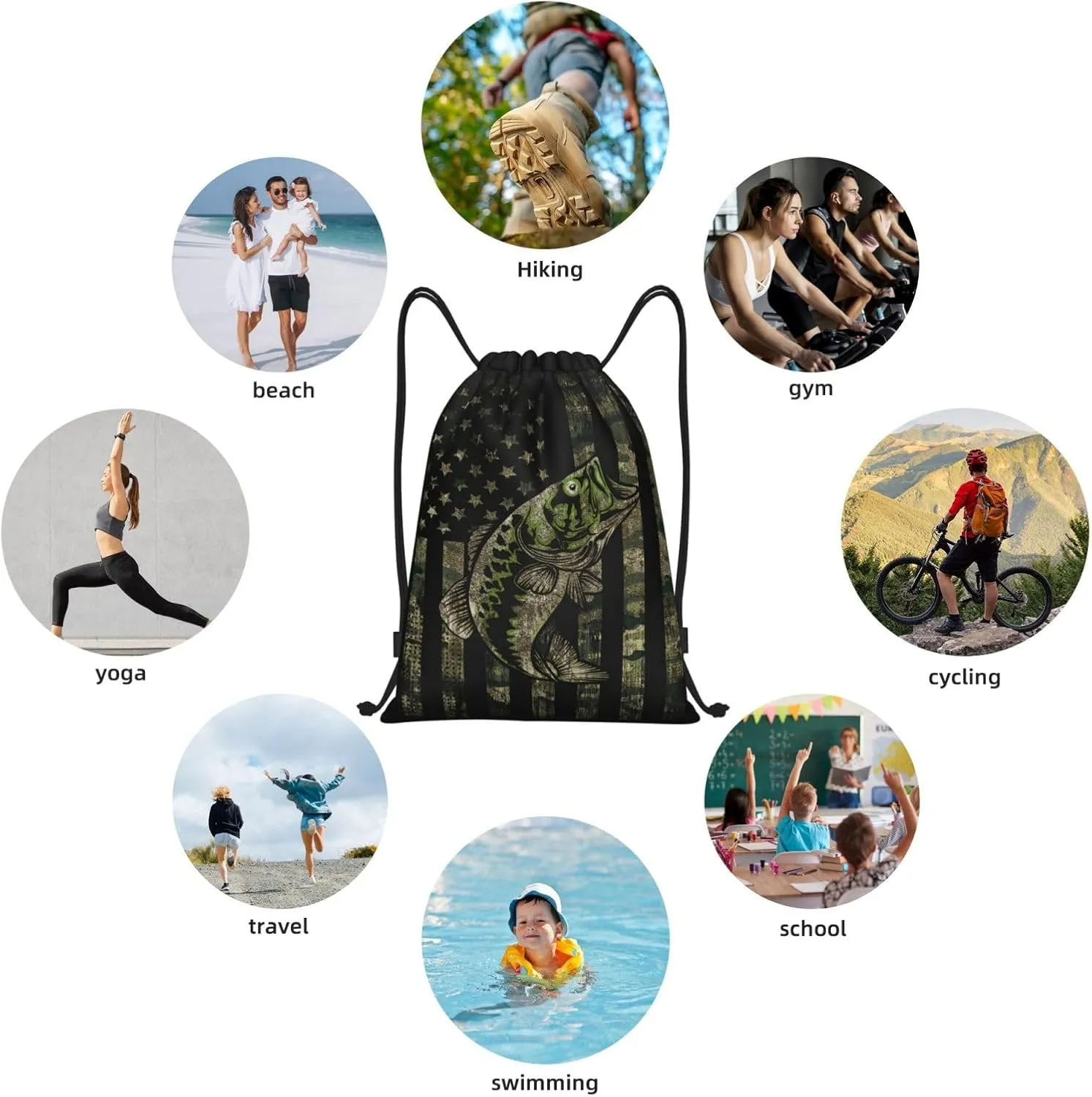 Gianlaima Camo Camouflage Hunting Fish American Flag Drawstring Backpack Sport Ball Gym Sack String Bag for Yoga Dance Travel Men Women