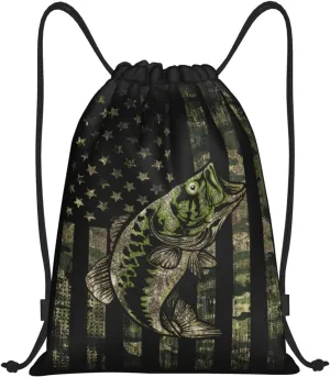 Gianlaima Camo Camouflage Hunting Fish American Flag Drawstring Backpack Sport Ball Gym Sack String Bag for Yoga Dance Travel Men Women