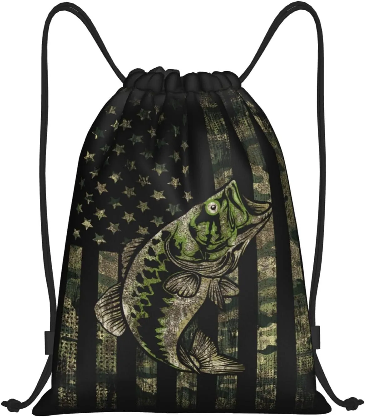 Gianlaima Camo Camouflage Hunting Fish American Flag Drawstring Backpack Sport Ball Gym Sack String Bag for Yoga Dance Travel Men Women