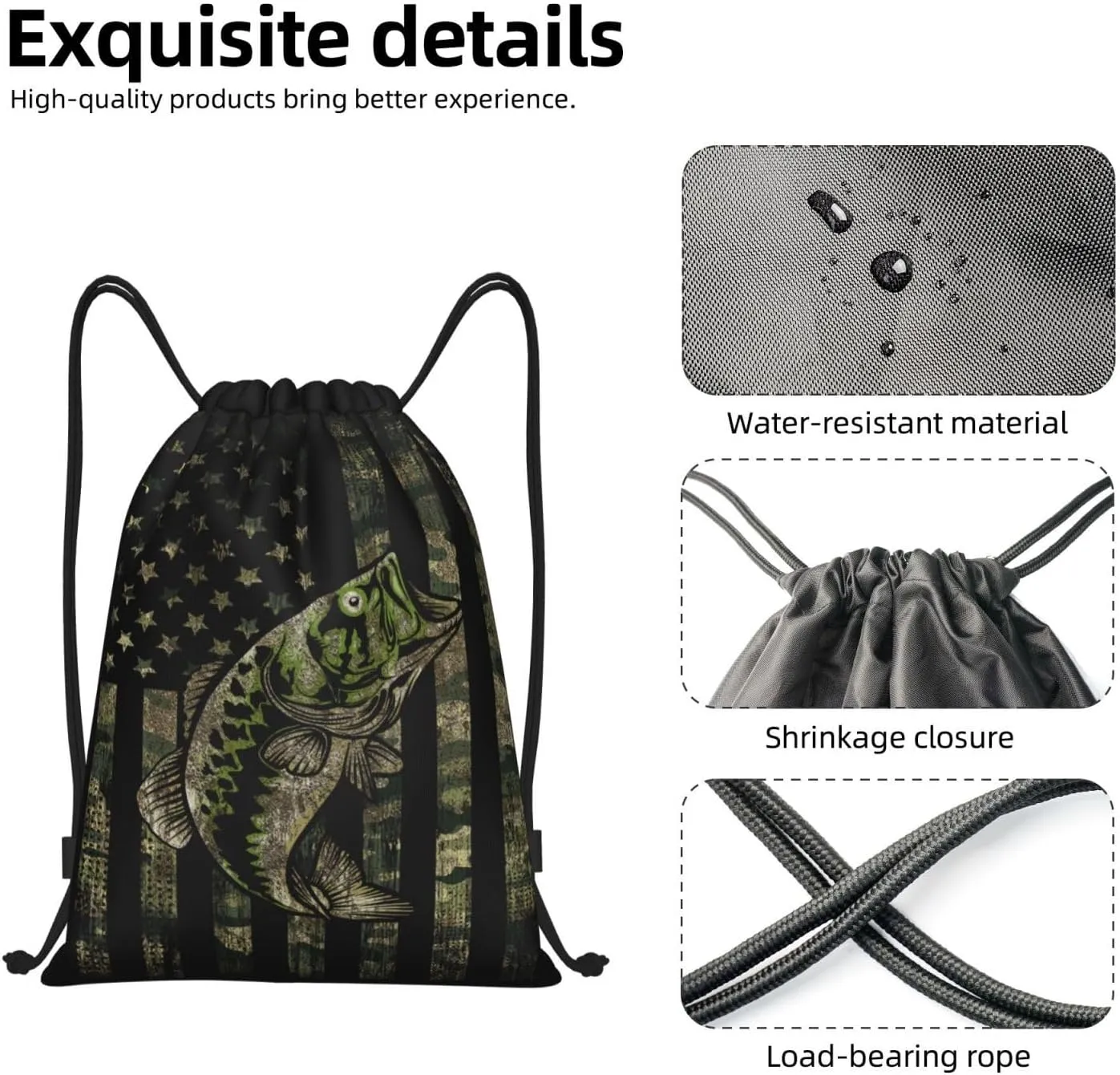 Gianlaima Camo Camouflage Hunting Fish American Flag Drawstring Backpack Sport Ball Gym Sack String Bag for Yoga Dance Travel Men Women