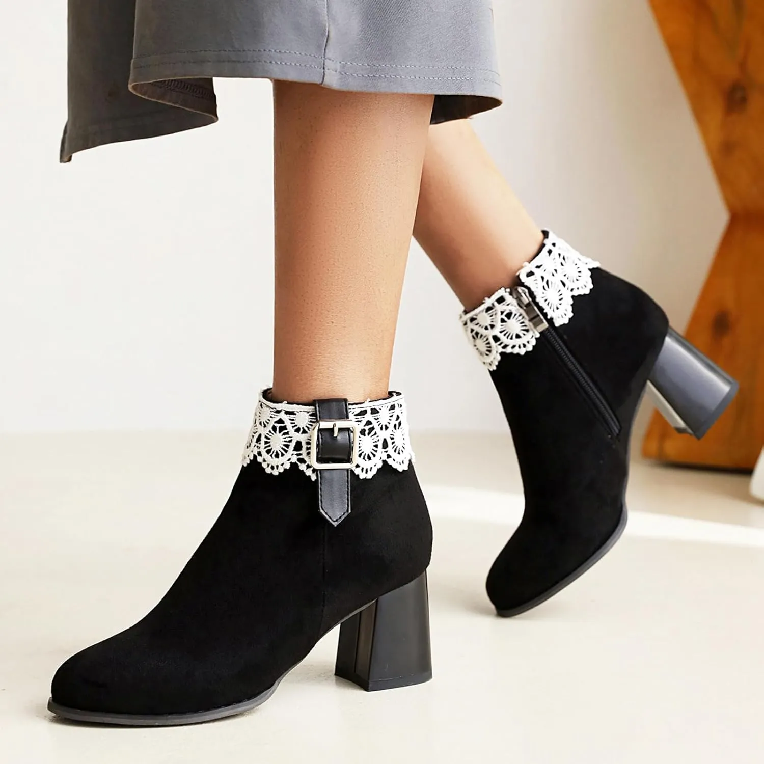 Gicoiz Women Round Toe Block Heels Winter Chelsea Boots