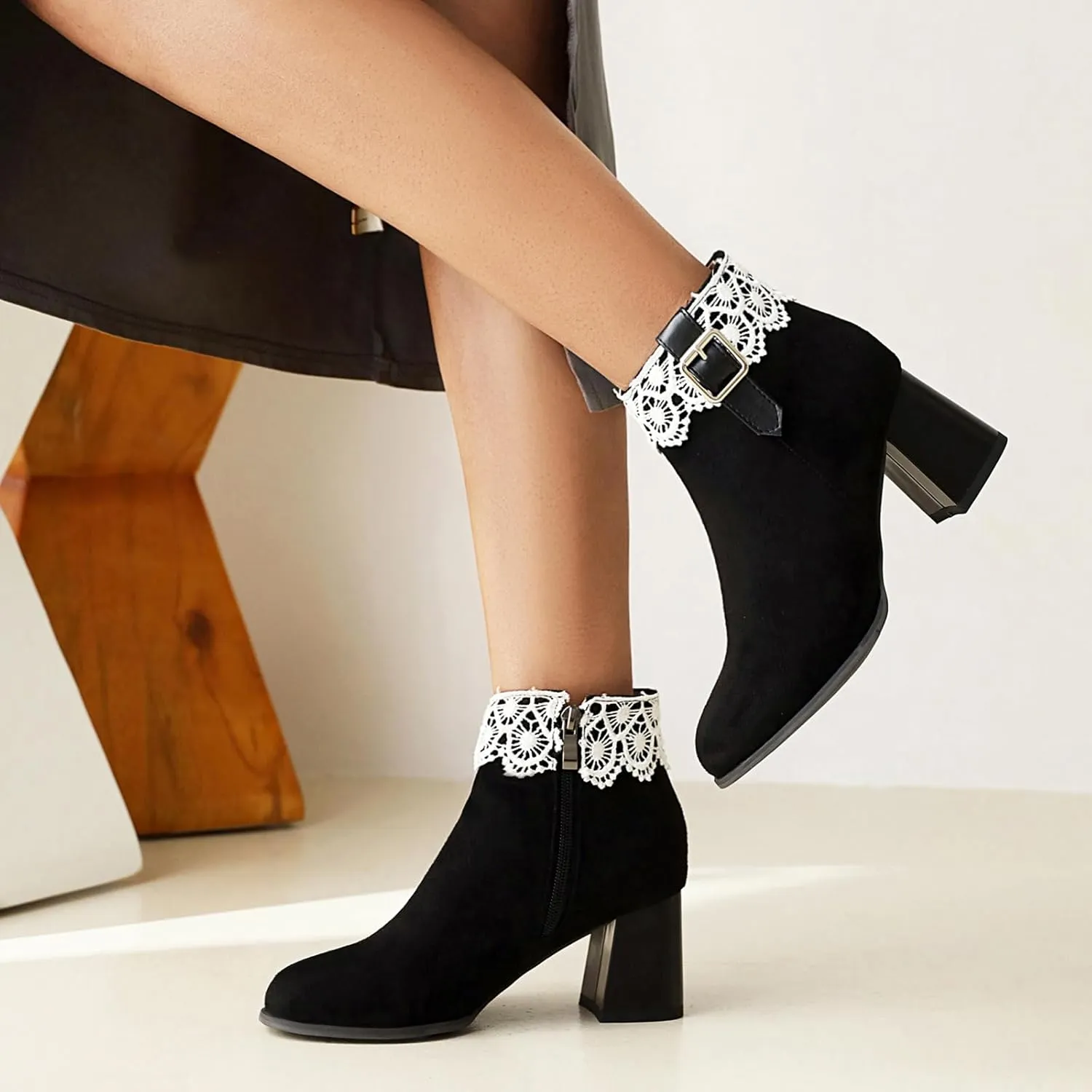 Gicoiz Women Round Toe Block Heels Winter Chelsea Boots