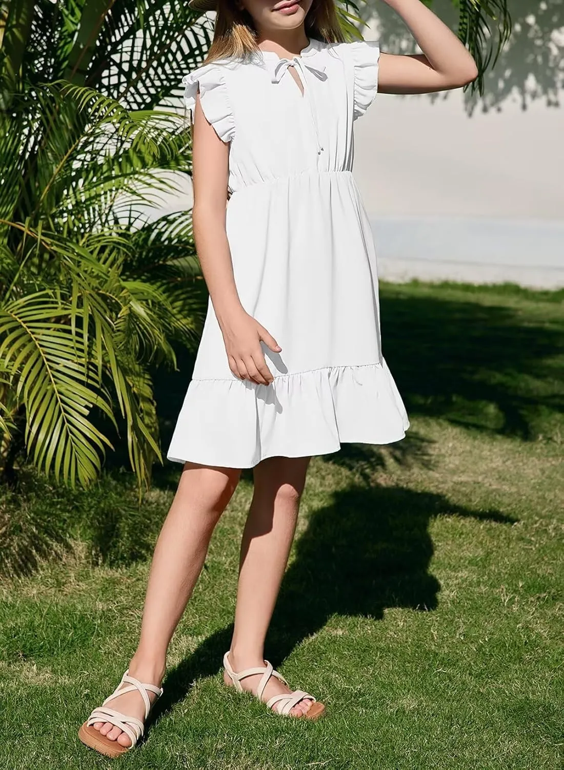 Girls Dresses Ruffle Trim Sleeveless V Neck Casual A-Line Flowy Dress with Pockets