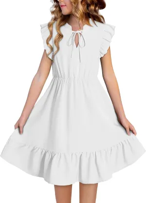 Girls Dresses Ruffle Trim Sleeveless V Neck Casual A-Line Flowy Dress with Pockets