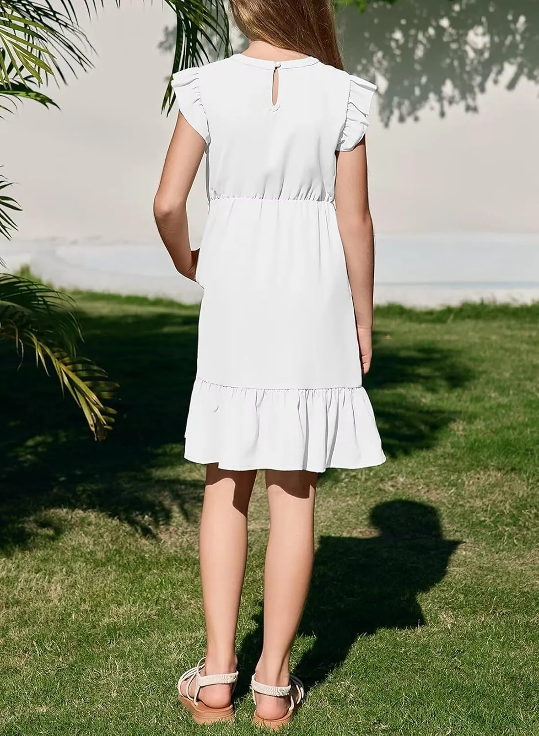 Girls Dresses Ruffle Trim Sleeveless V Neck Casual A-Line Flowy Dress with Pockets