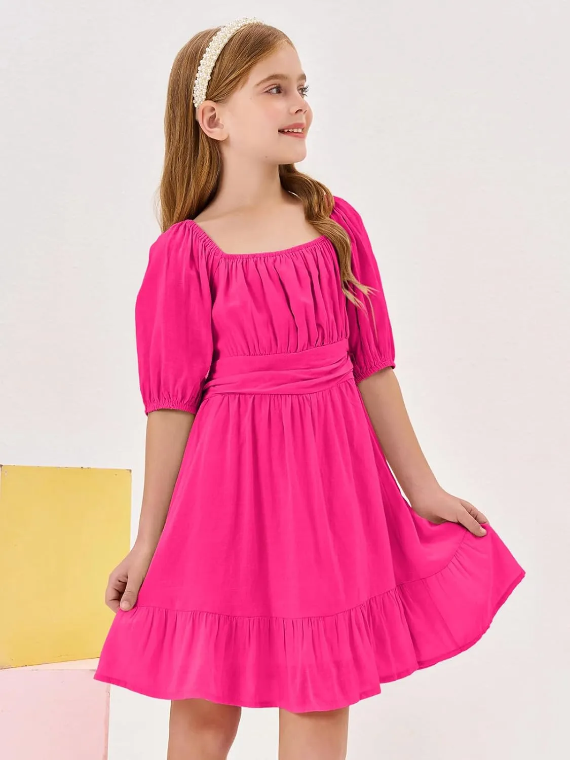 Girls Summer Dresses Square Neck Lantern Sleeve Tie Backless Ruffle A-Line Party Mini Dress