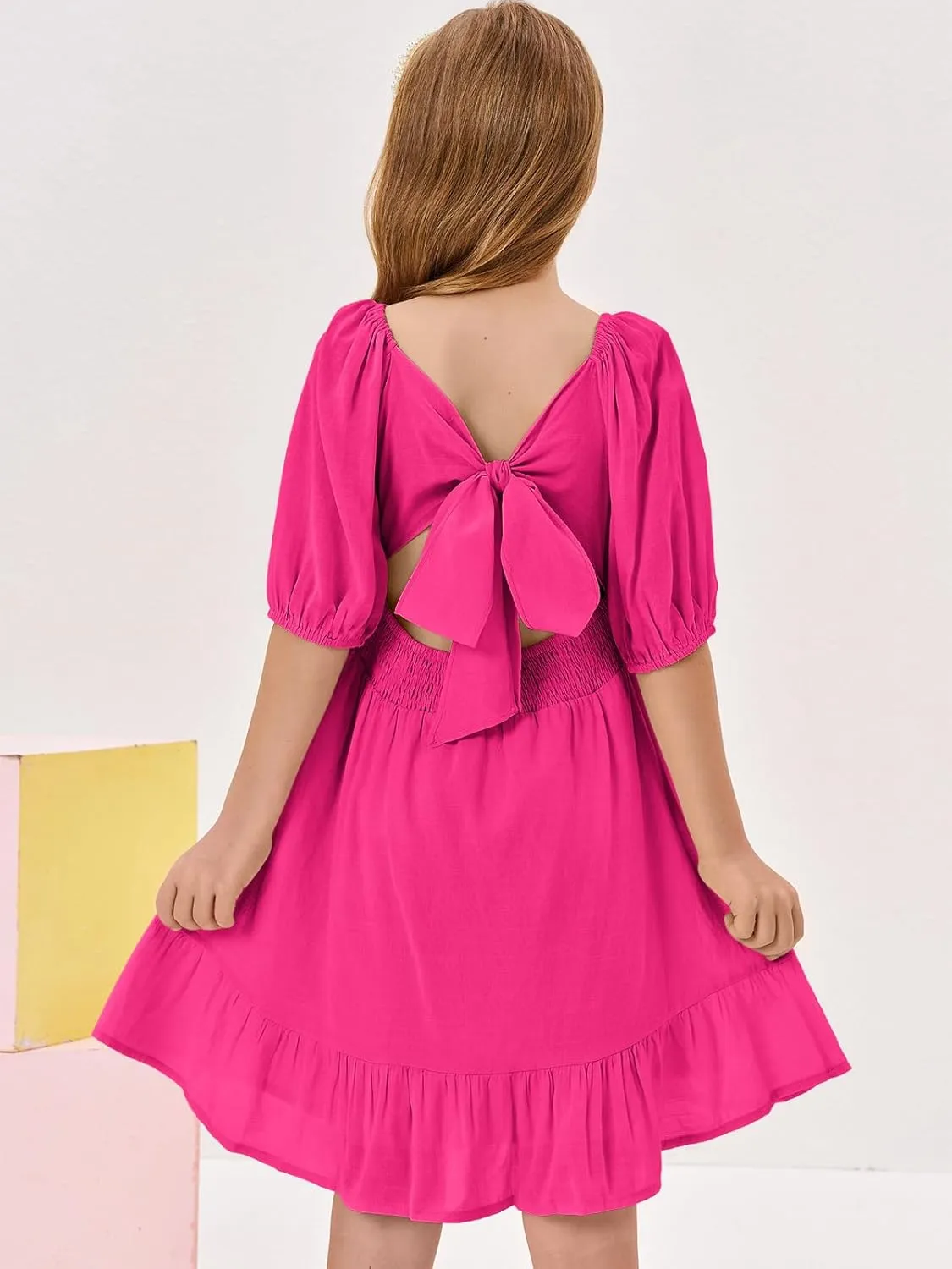Girls Summer Dresses Square Neck Lantern Sleeve Tie Backless Ruffle A-Line Party Mini Dress