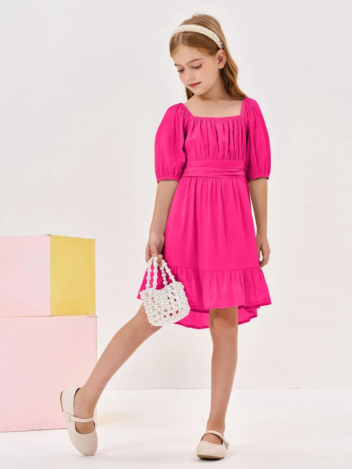 Girls Summer Dresses Square Neck Lantern Sleeve Tie Backless Ruffle A-Line Party Mini Dress