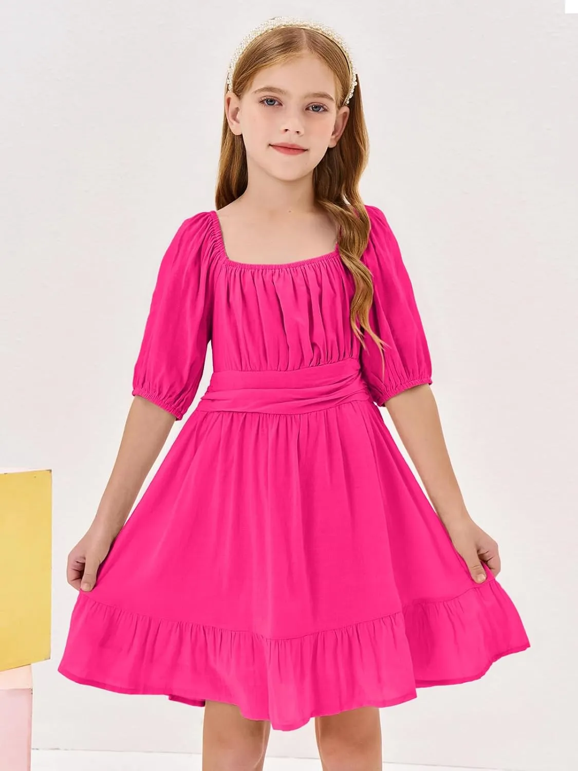 Girls Summer Dresses Square Neck Lantern Sleeve Tie Backless Ruffle A-Line Party Mini Dress