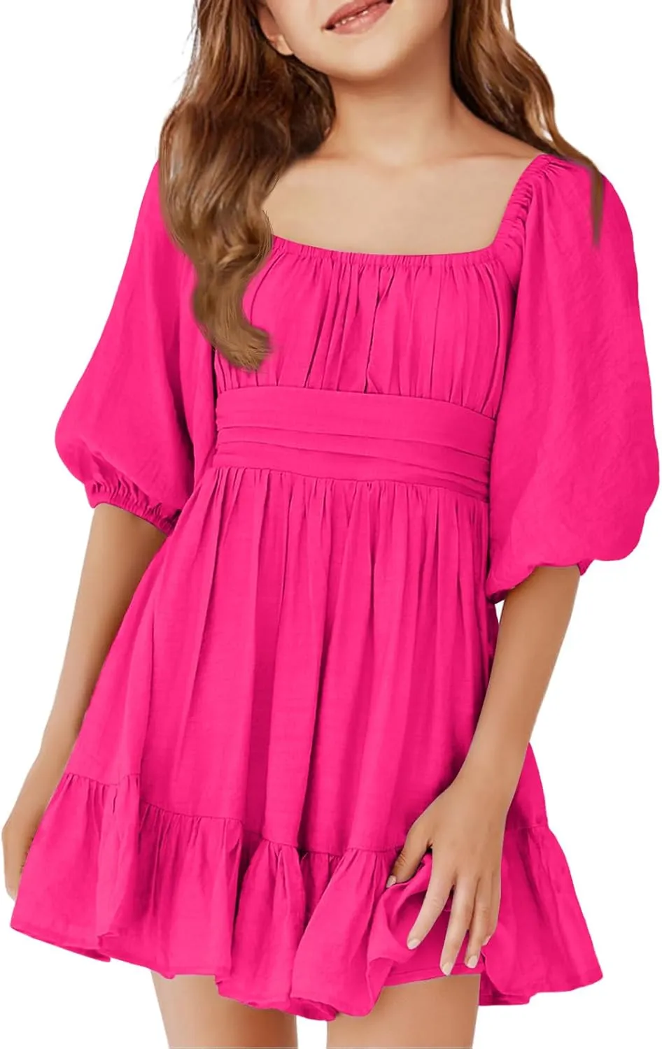 Girls Summer Dresses Square Neck Lantern Sleeve Tie Backless Ruffle A-Line Party Mini Dress