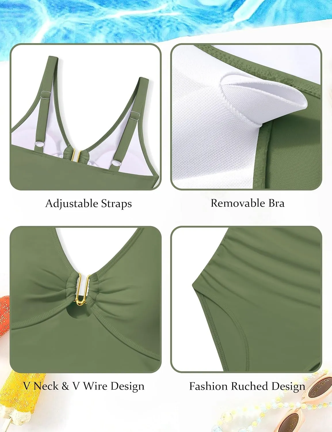 Girls Swimsuit Ruched V Neck One Piece Bathing Suit with Adjustable Straps Solid Color Girls' Swimwear 9-16T