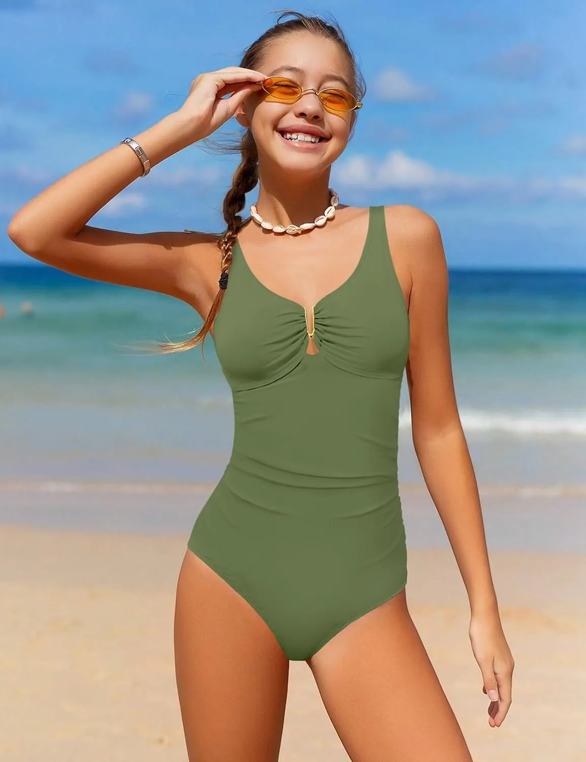 Girls Swimsuit Ruched V Neck One Piece Bathing Suit with Adjustable Straps Solid Color Girls' Swimwear 9-16T