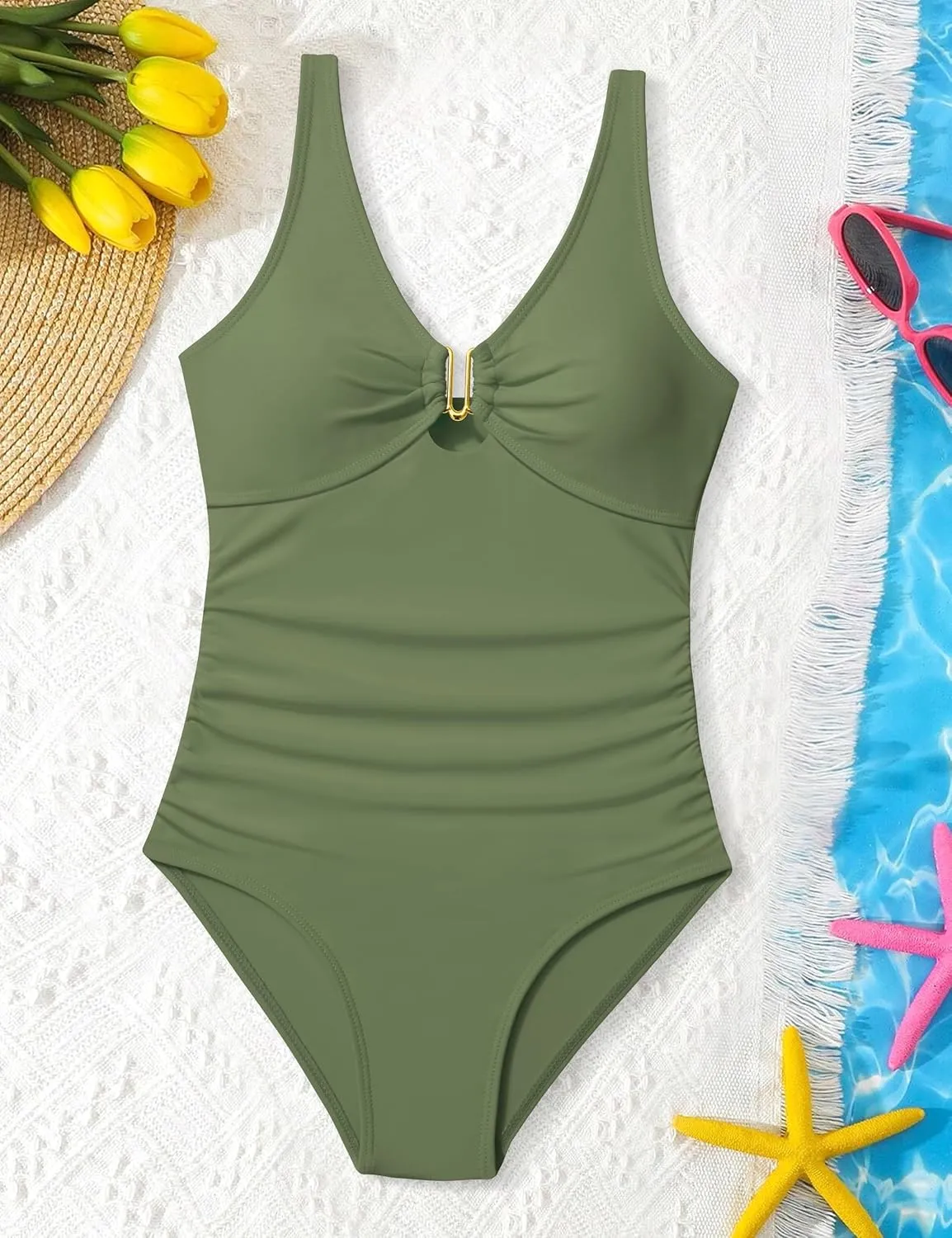 Girls Swimsuit Ruched V Neck One Piece Bathing Suit with Adjustable Straps Solid Color Girls' Swimwear 9-16T