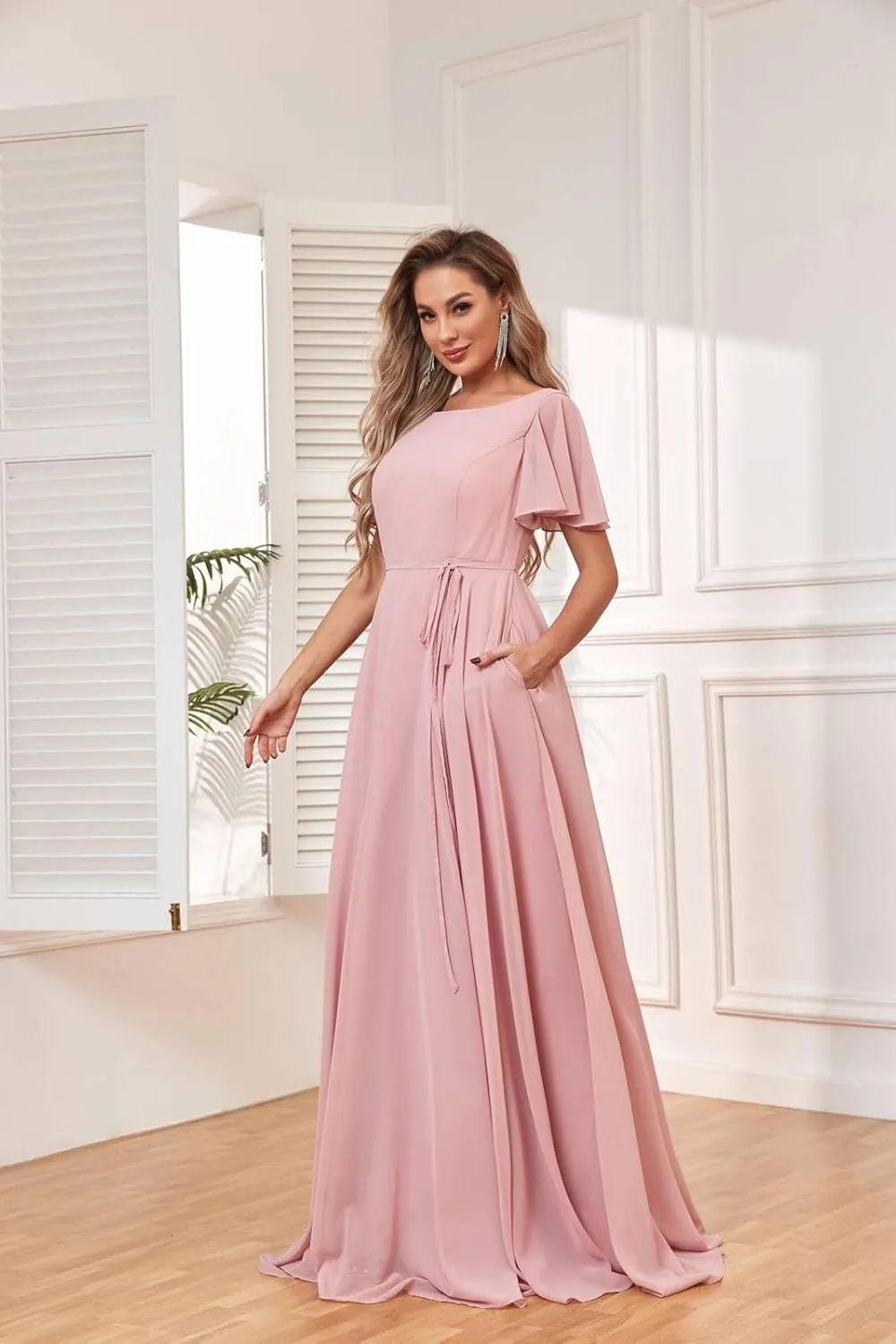 GOEBAODEEN Chiffon Modest Bridesmaid Dresses A Line Bateau Neck Flutter Sleeve Formal Evening Gown with Pockets