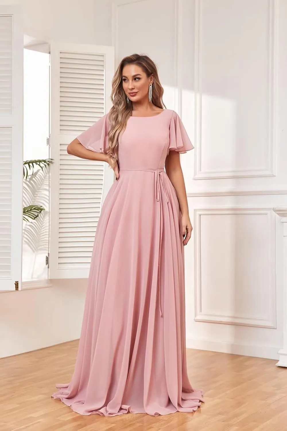 GOEBAODEEN Chiffon Modest Bridesmaid Dresses A Line Bateau Neck Flutter Sleeve Formal Evening Gown with Pockets