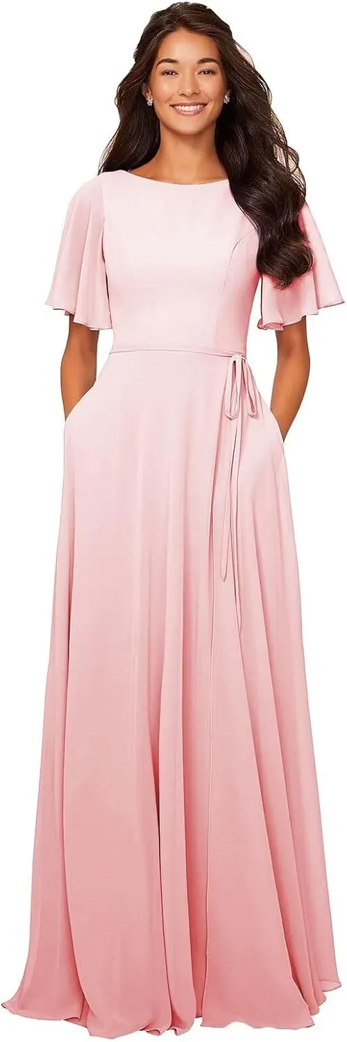 GOEBAODEEN Chiffon Modest Bridesmaid Dresses A Line Bateau Neck Flutter Sleeve Formal Evening Gown with Pockets