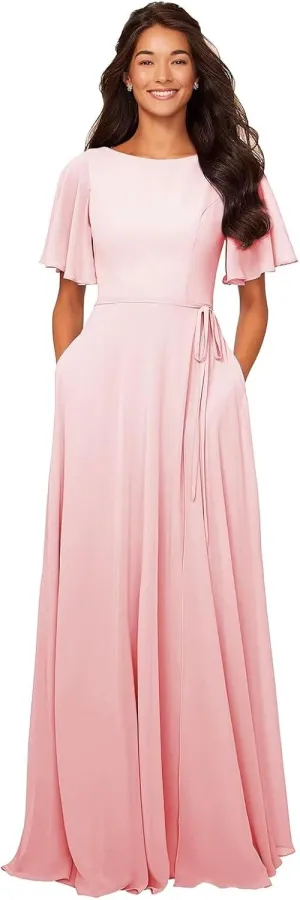 GOEBAODEEN Chiffon Modest Bridesmaid Dresses A Line Bateau Neck Flutter Sleeve Formal Evening Gown with Pockets