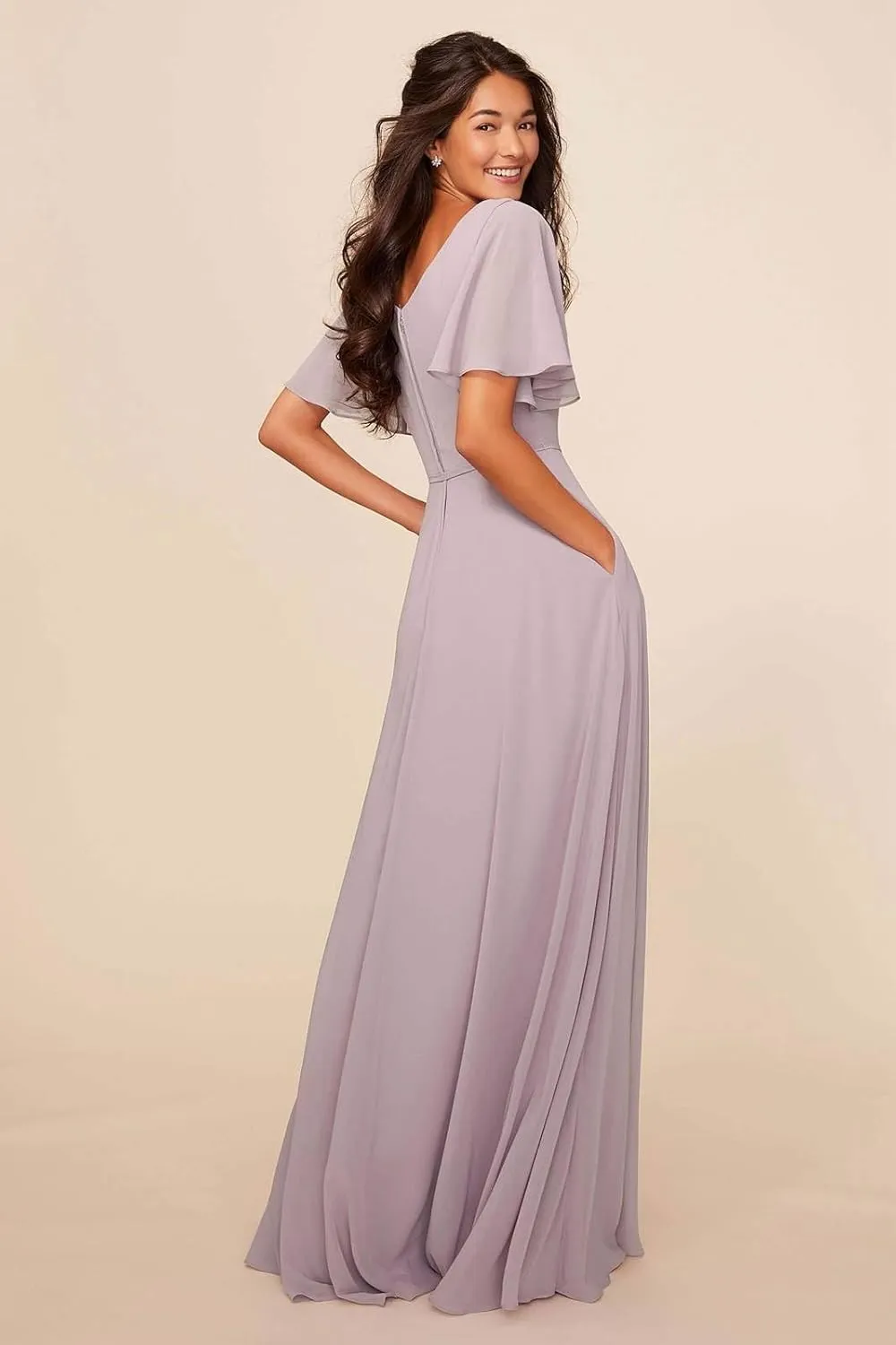 GOEBAODEEN Chiffon Modest Bridesmaid Dresses A Line Bateau Neck Flutter Sleeve Formal Evening Gown with Pockets
