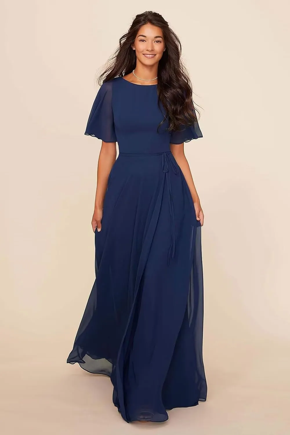 GOEBAODEEN Chiffon Modest Bridesmaid Dresses A Line Bateau Neck Flutter Sleeve Formal Evening Gown with Pockets