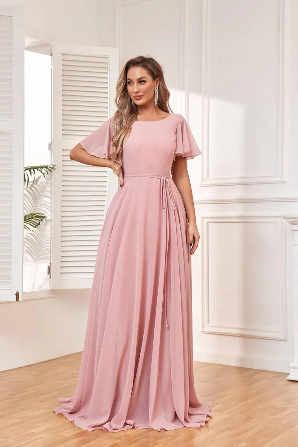 GOEBAODEEN Chiffon Modest Bridesmaid Dresses A Line Bateau Neck Flutter Sleeve Formal Evening Gown with Pockets