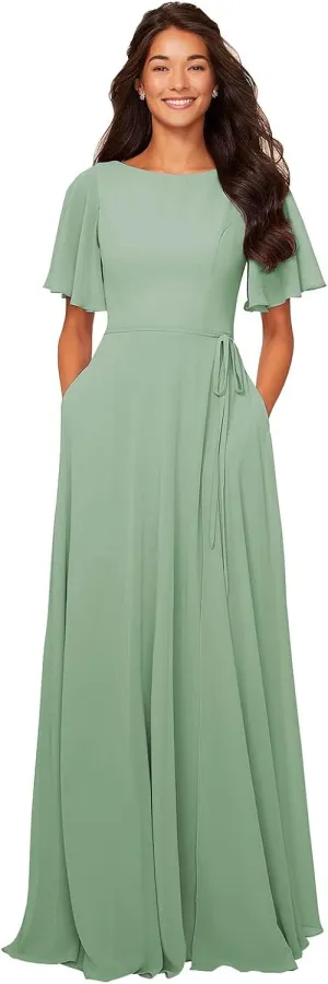 GOEBAODEEN Chiffon Modest Bridesmaid Dresses A Line Bateau Neck Flutter Sleeve Formal Evening Gown with Pockets