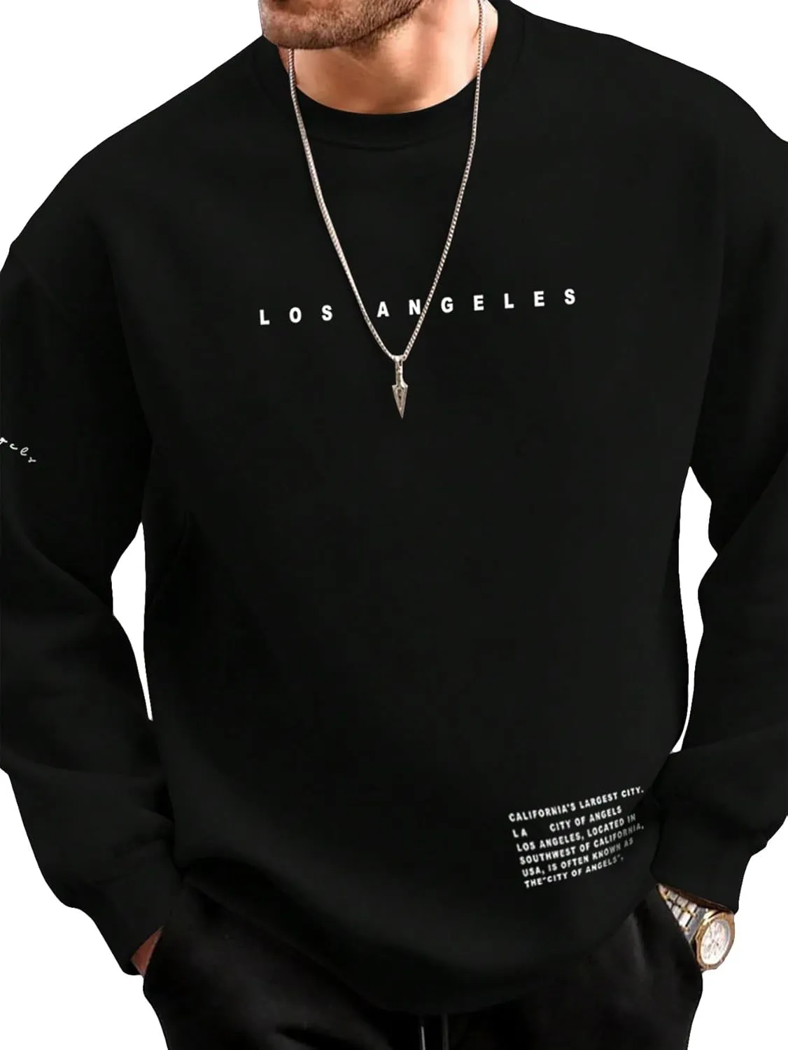 GORGLITTER Men's Letter Graphic Sweatshirt Crewneck Oversized Long Sleeve Drop Shoulder Pullover Top Black Letters X-Small