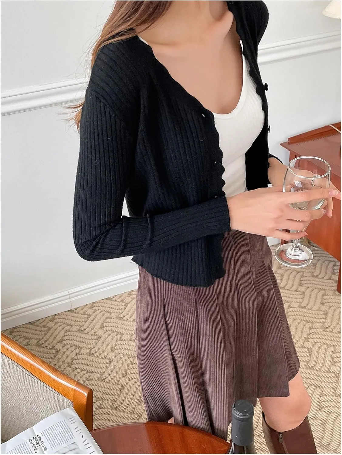 GORGLITTER Women's Button Up Cardigan Open Front Ribbed Knit Sweater Long Sleeve Tops