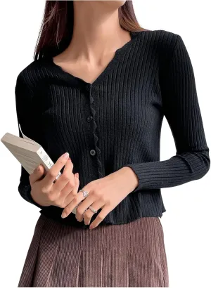 GORGLITTER Women's Button Up Cardigan Open Front Ribbed Knit Sweater Long Sleeve Tops