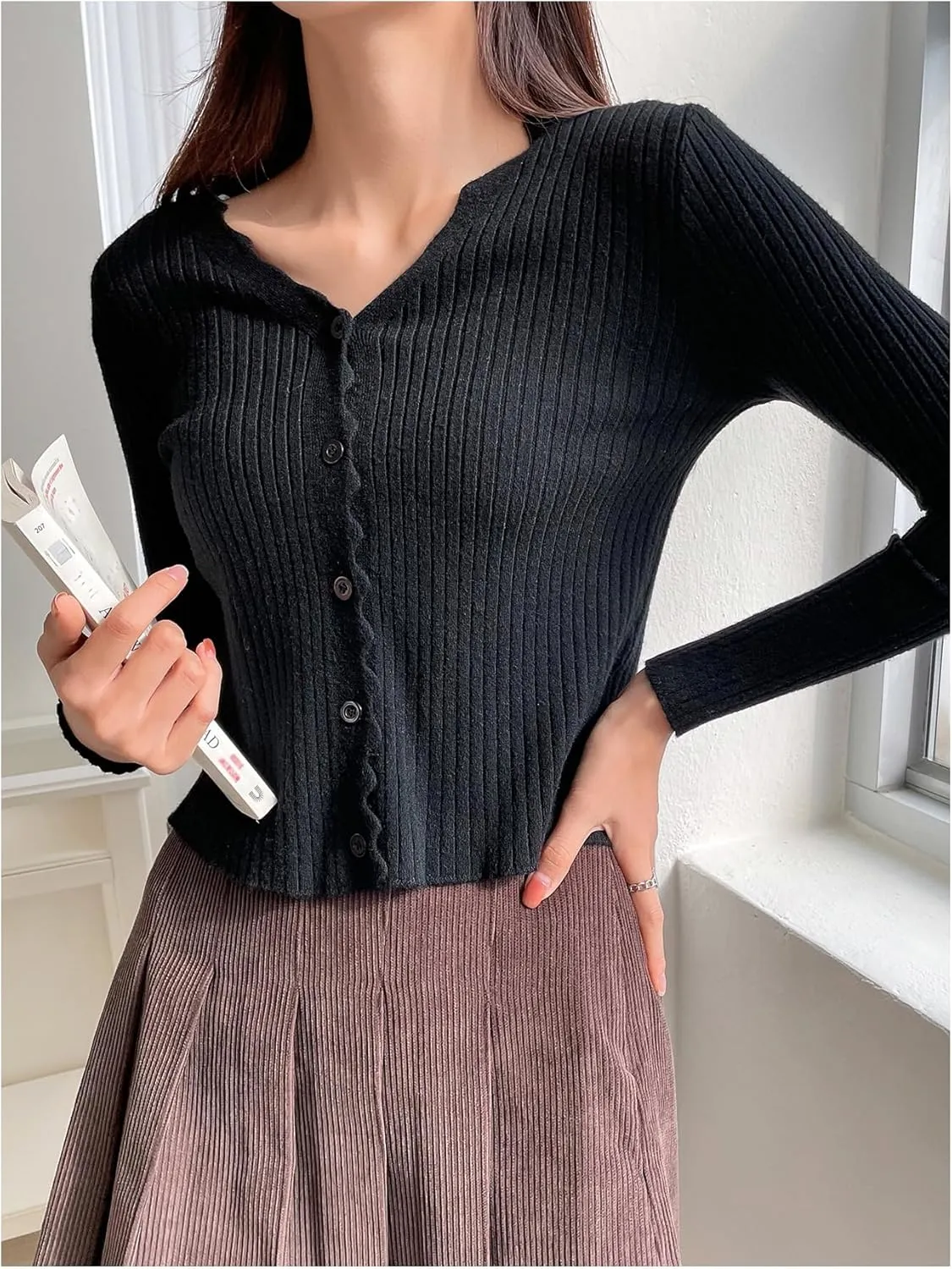 GORGLITTER Women's Button Up Cardigan Open Front Ribbed Knit Sweater Long Sleeve Tops