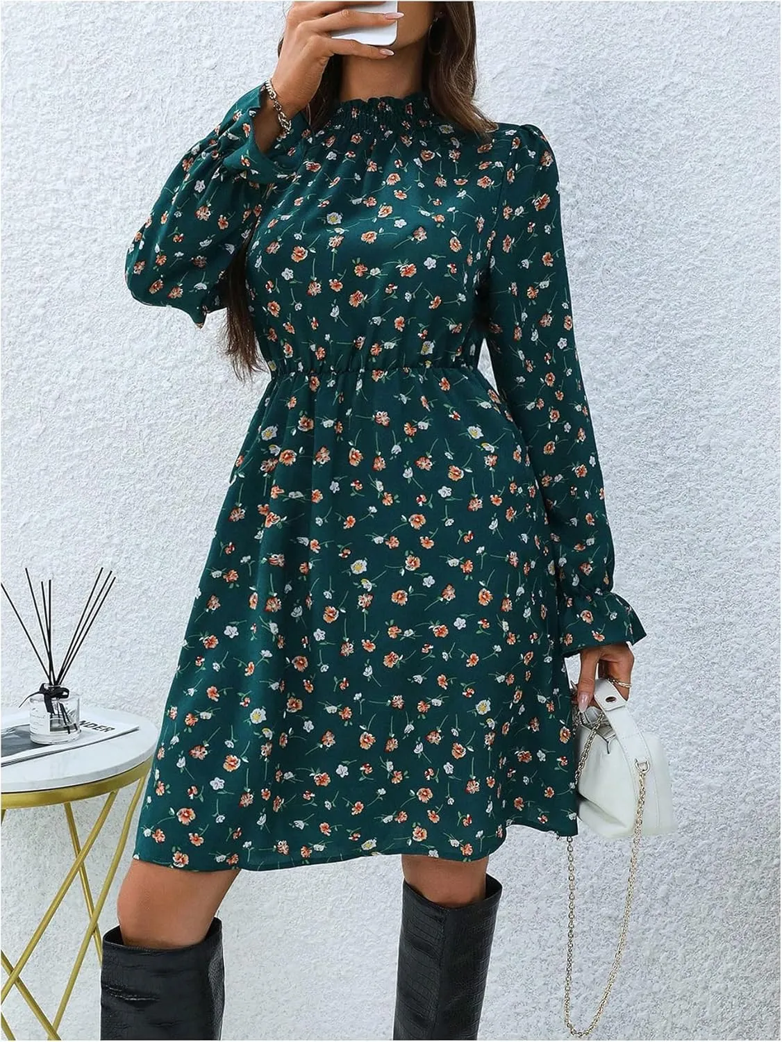 GORGLITTER Women's Floral Long Sleeve Dress Mock Neck Shirred A Line Mini Short Dresses