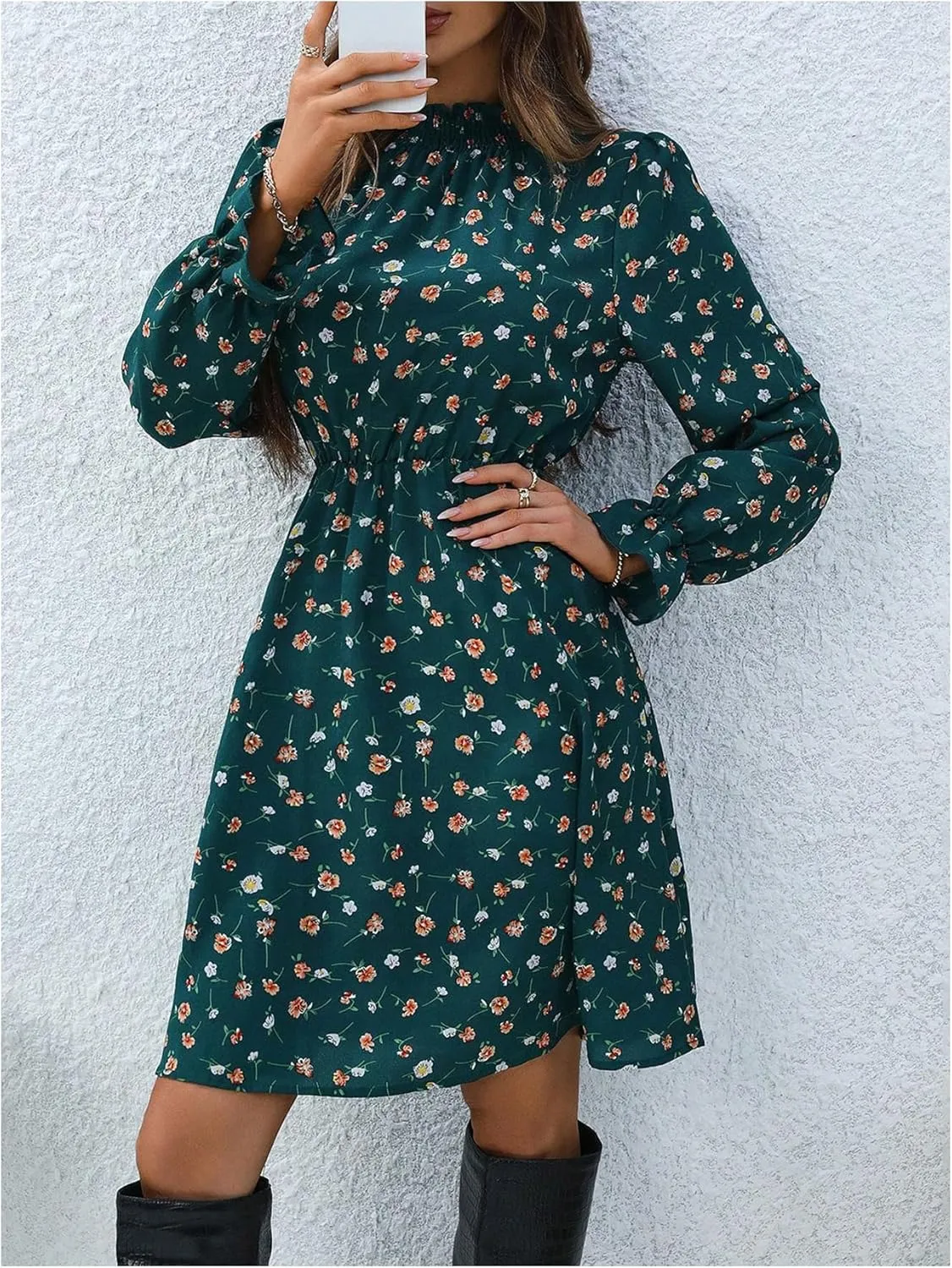 GORGLITTER Women's Floral Long Sleeve Dress Mock Neck Shirred A Line Mini Short Dresses