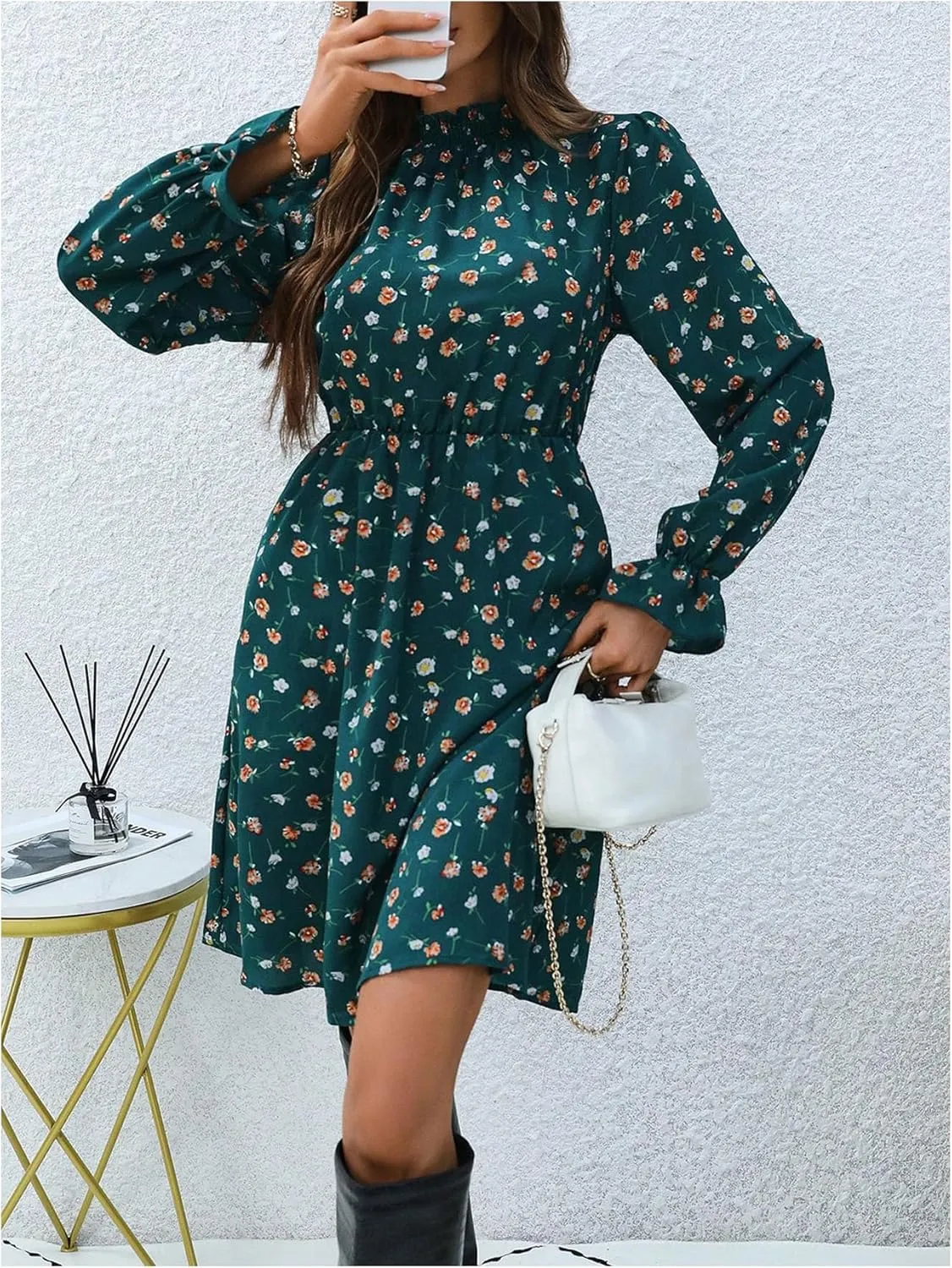 GORGLITTER Women's Floral Long Sleeve Dress Mock Neck Shirred A Line Mini Short Dresses