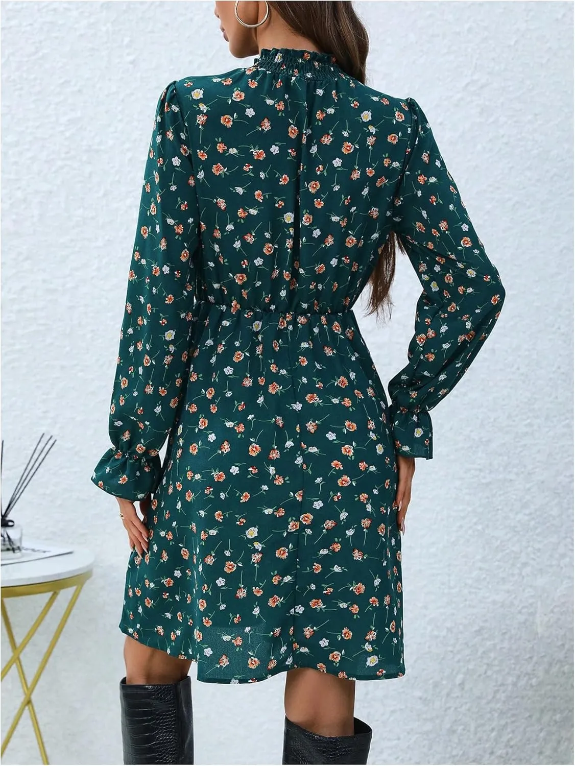 GORGLITTER Women's Floral Long Sleeve Dress Mock Neck Shirred A Line Mini Short Dresses