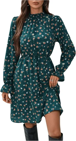 GORGLITTER Women's Floral Long Sleeve Dress Mock Neck Shirred A Line Mini Short Dresses