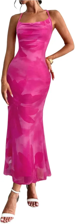 GORGLITTER Women's Floral Mesh Bodycon Fishtail Maxi Dresses Open Back Bow Tie Birthday Wedding Guest Dinner Long Dress