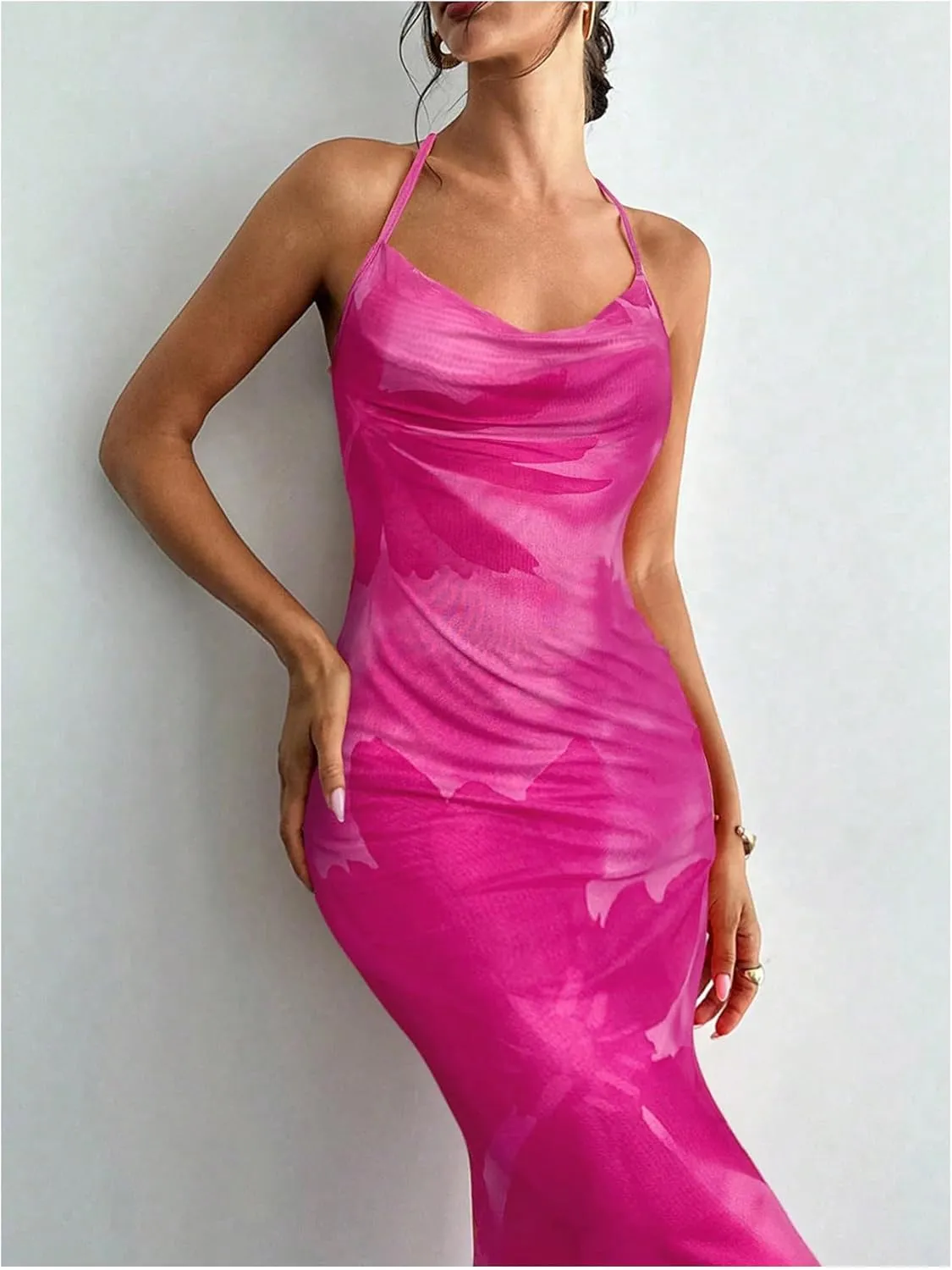 GORGLITTER Women's Floral Mesh Bodycon Fishtail Maxi Dresses Open Back Bow Tie Birthday Wedding Guest Dinner Long Dress