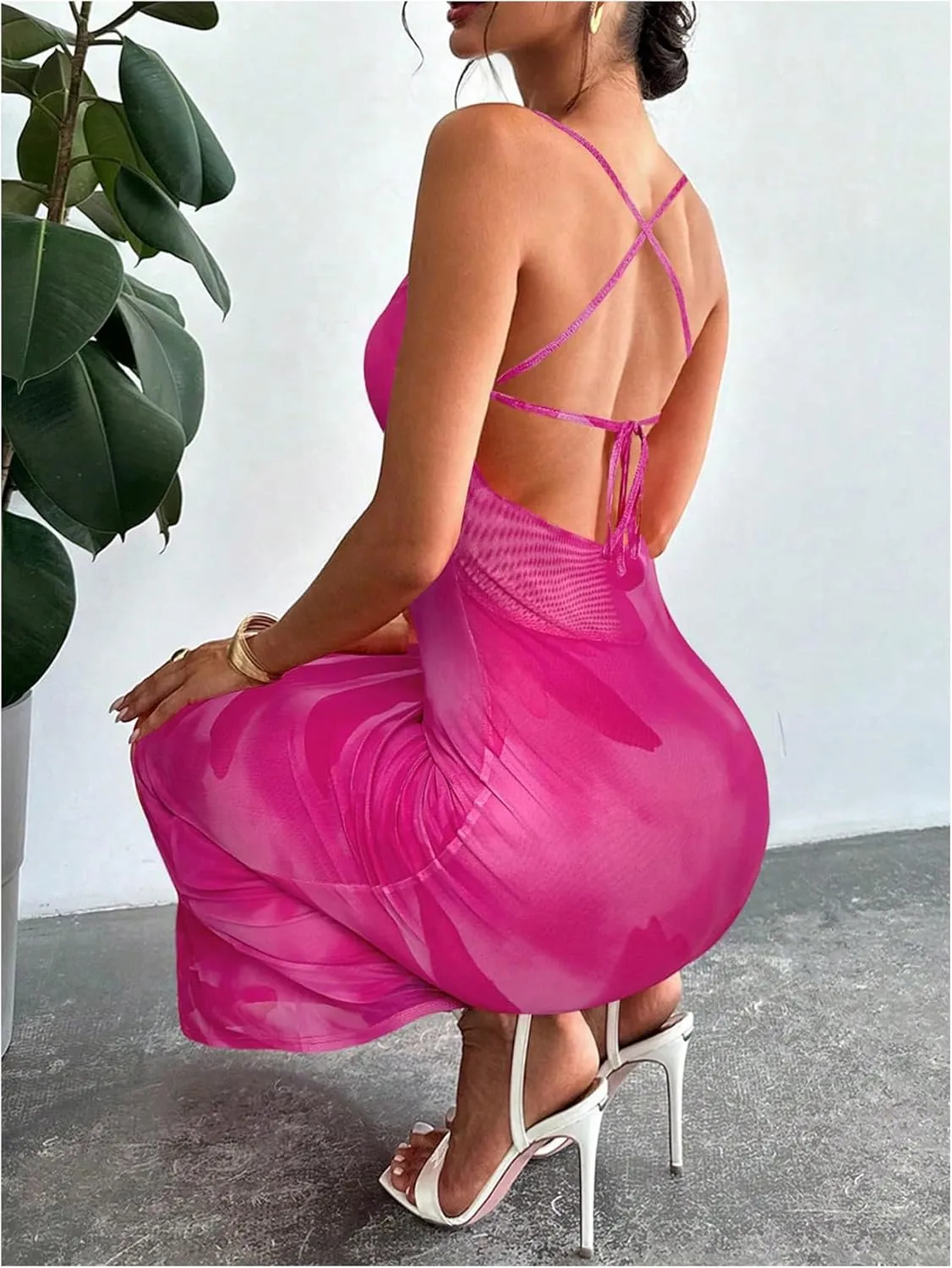 GORGLITTER Women's Floral Mesh Bodycon Fishtail Maxi Dresses Open Back Bow Tie Birthday Wedding Guest Dinner Long Dress