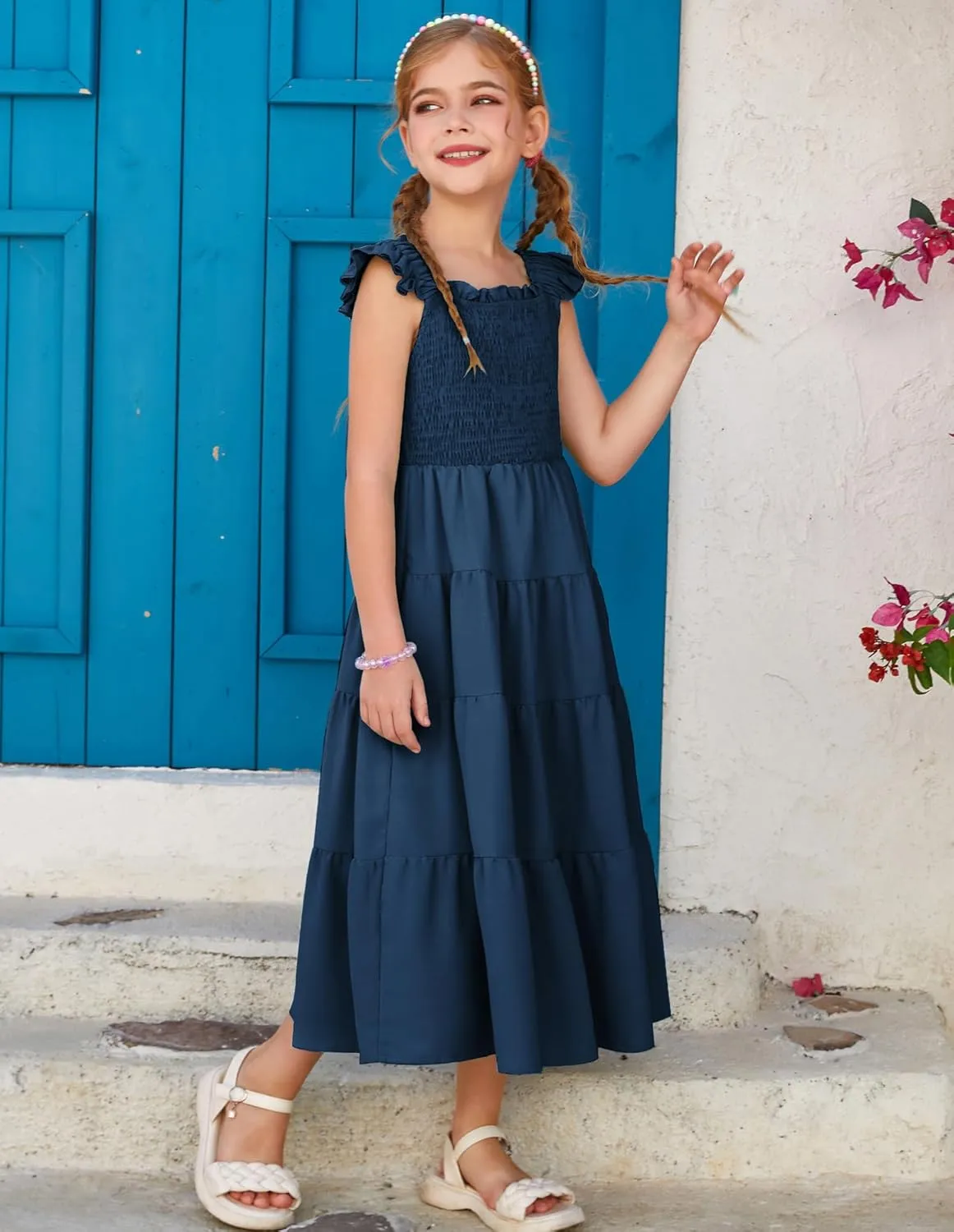 GRACE KARIN Girls Dress Summer Tie Back Party Dress Ruffle Sleeve Smoke Tiered Special Occasions Maxi Tween Dresses Size 5-14